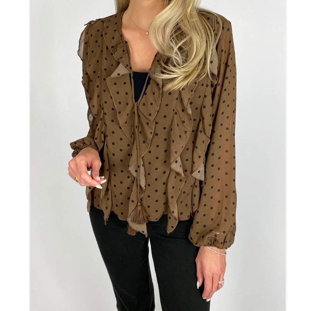 ShopEvelynne Brown Polka Dot Ruffle Blouse